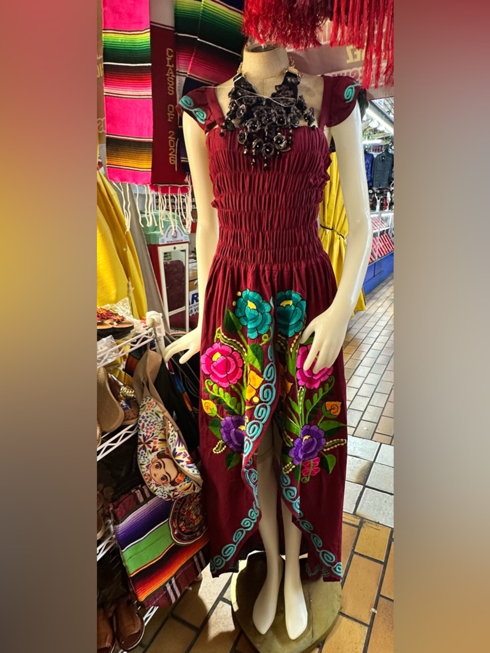 Embroidered Burgundy Maxi Dress with Floral Detail